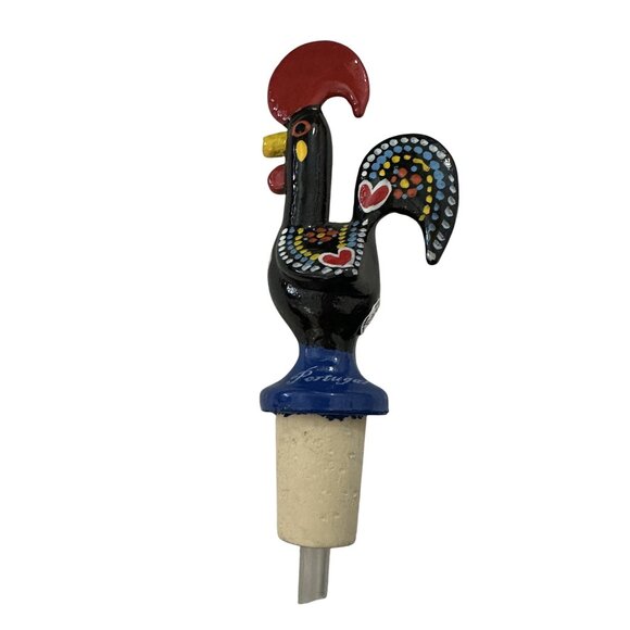 Portuguese The Rooster of Barcelos Black Bottle Stopper Cork Dispenser Souvenir - Picture 1 of 3